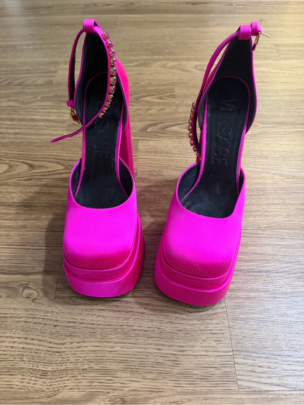 Versace Hot Pink Platform Ankle-Strap Pumps with Jeweled Detail